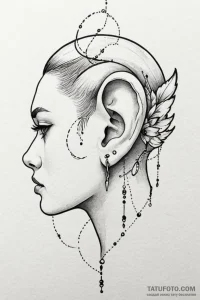 Tattoo sketch an ear with a small, elegant do... - эскиз тату (№1750944890_0, 26.06.2025 13:34) — Tatufoto.com