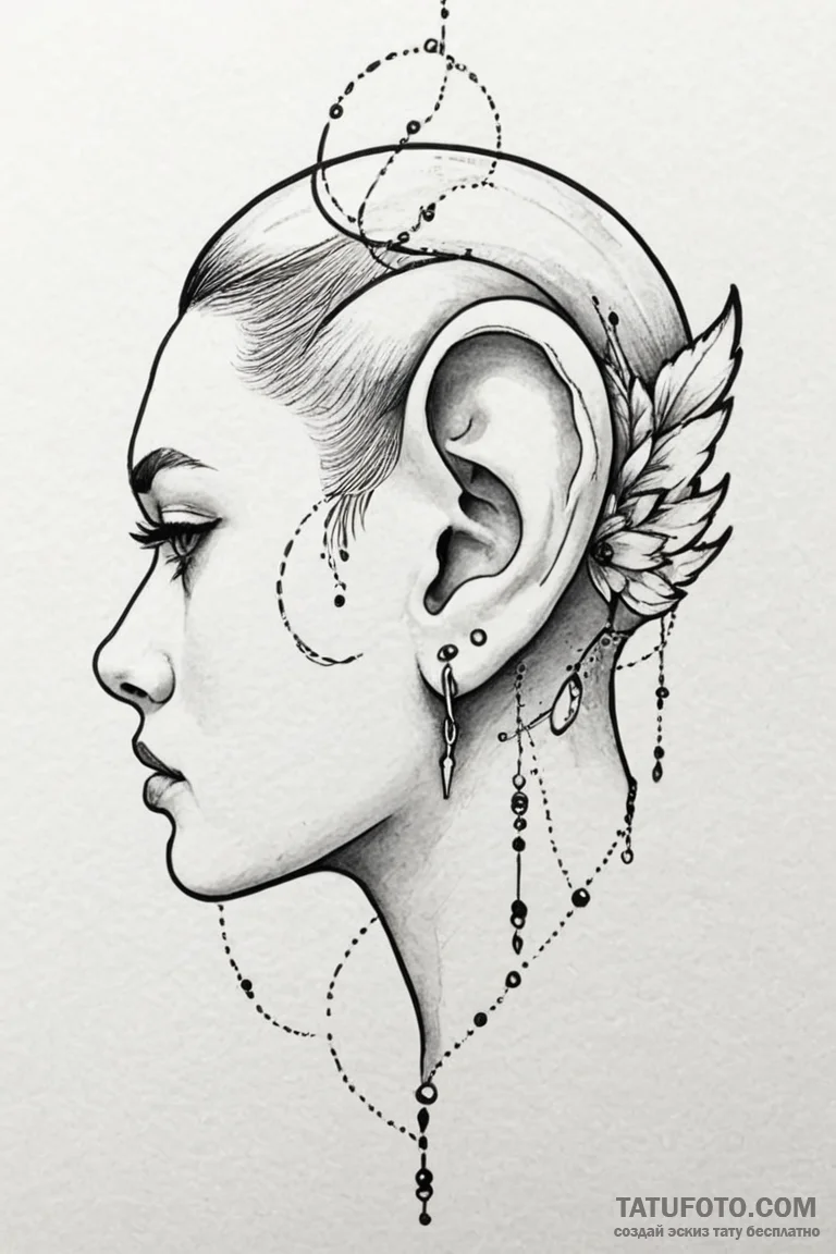 Tattoo sketch an ear with a small, elegant do... - эскиз тату (№1750944890_0, 26.06.2025 13:34) — Tatufoto.com