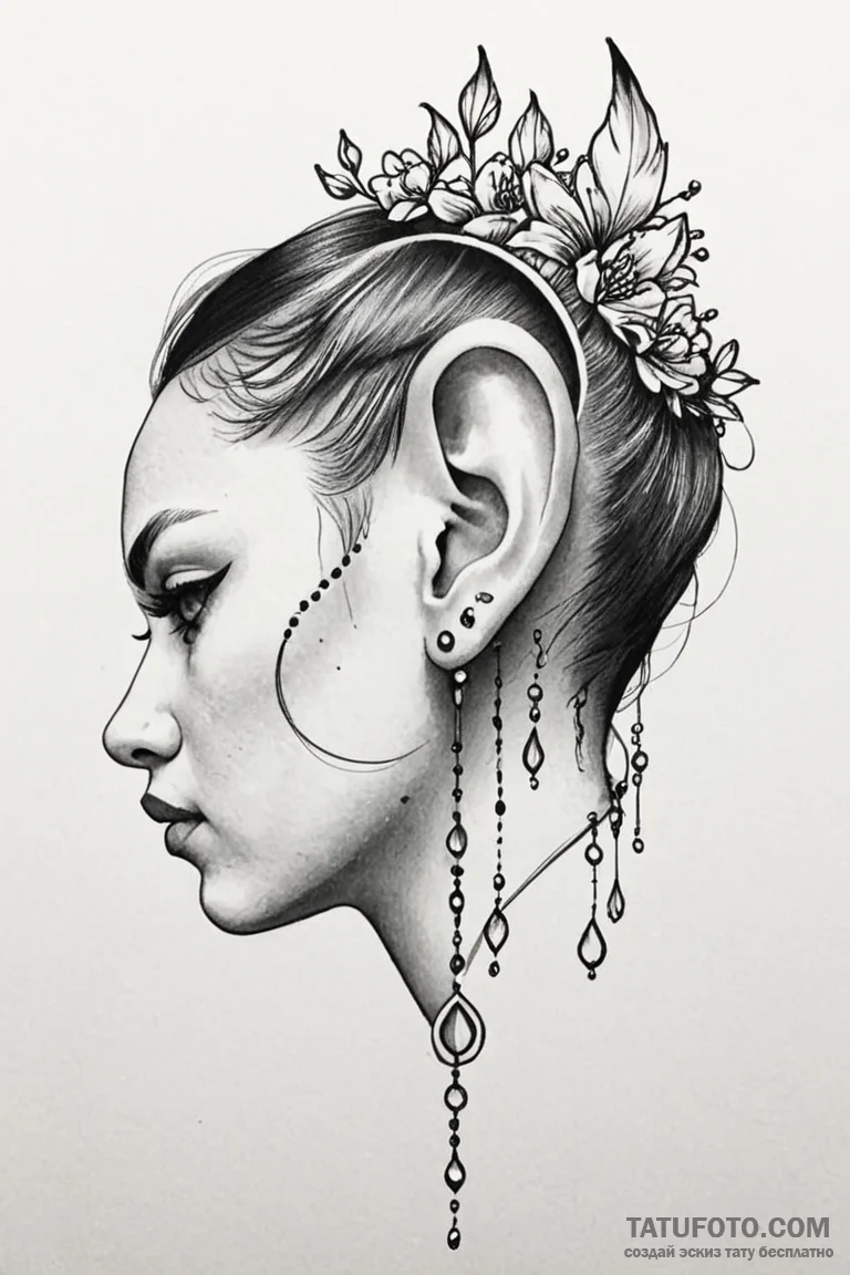 Tattoo sketch an ear with a small, elegant do... - эскиз тату (№1750944890_1, 26.06.2025 13:34) — Tatufoto.com