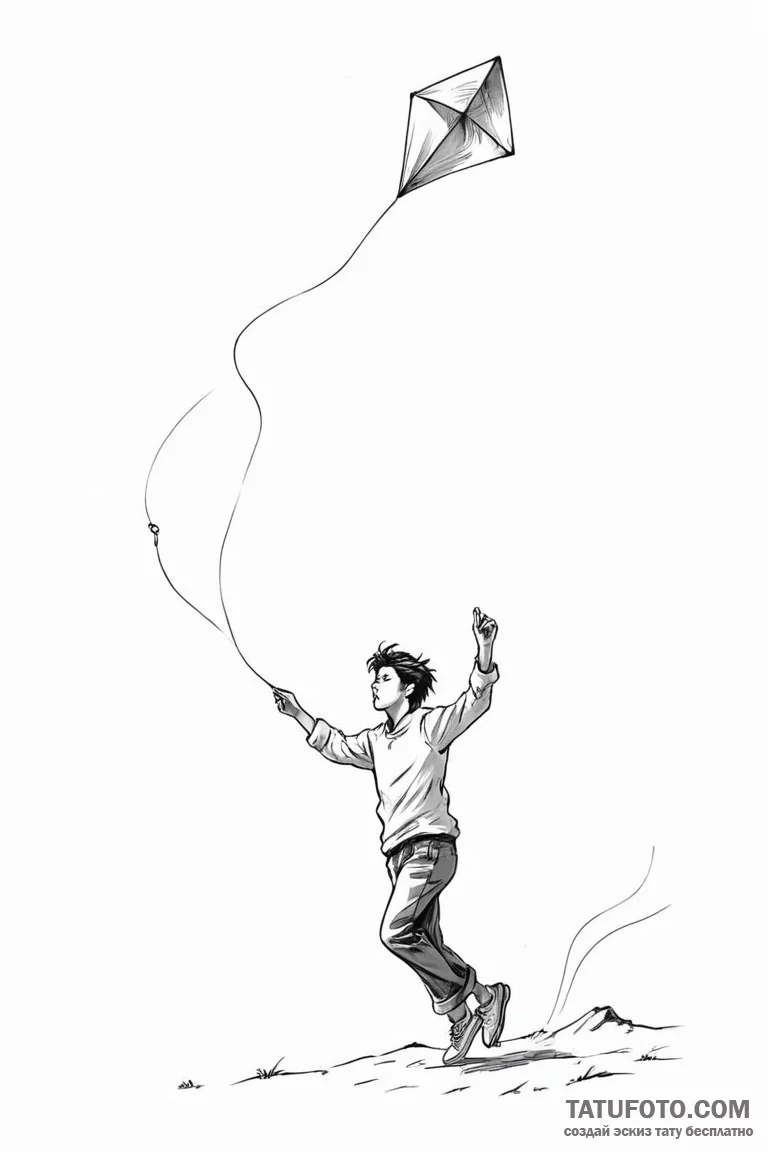 A person flying a kite on a windy day. - эскиз тату (№1750946779_1, 26.06.2025 14:06) — Tatufoto.com