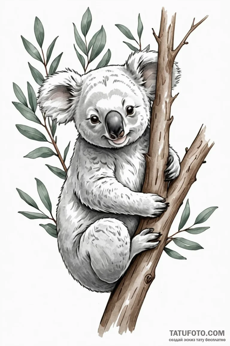 A sleepy koala clinging to a eucalyptus tree... - эскиз тату (№1750946923_0, 26.06.2025 14:08) — Tatufoto.com