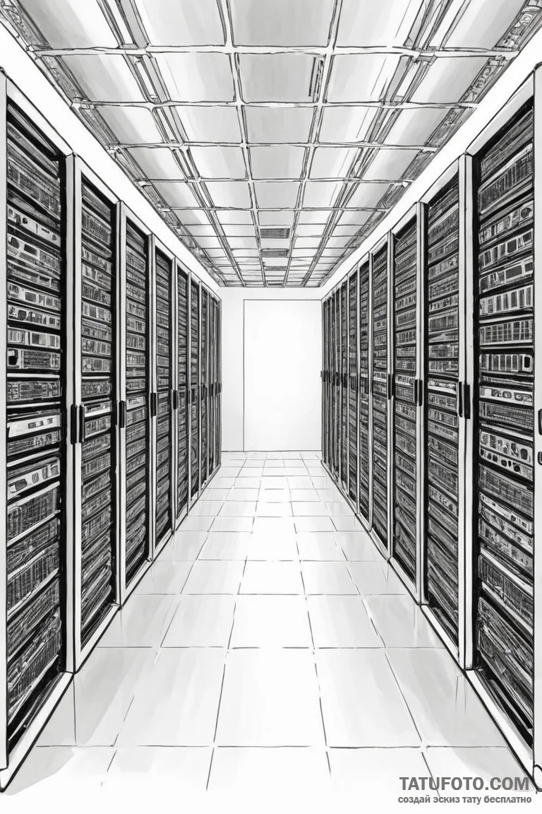 The interior of a massive, modern data center... - эскиз тату (№1750947983_0, 26.06.2025 14:26) — Tatufoto.com