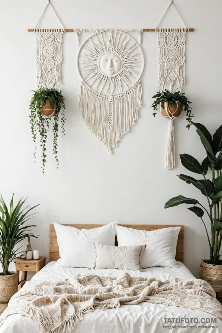 A sun-drenched, bohemian-style bedroom with l... - эскиз тату (№1750949178_0, 26.06.2025 14:46) — Tatufoto.com