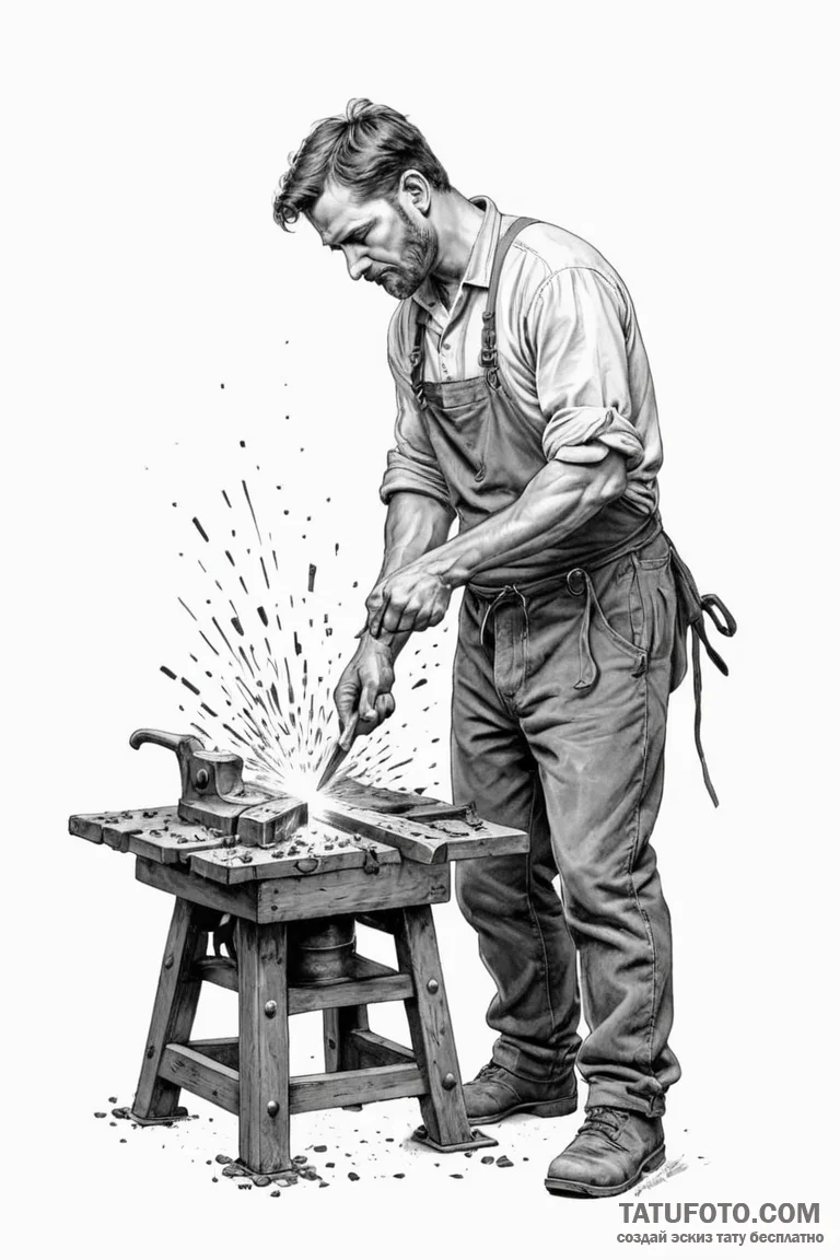A detailed portrait of a blacksmith at work,... - эскиз тату (№1750949565_1, 26.06.2025 14:52) — Tatufoto.com