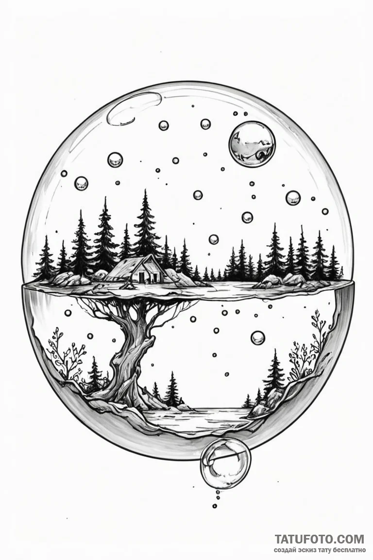 Tattoo design a floating bubble with a tiny,... - эскиз тату (№1750950548_1, 26.06.2025 15:09) — Tatufoto.com