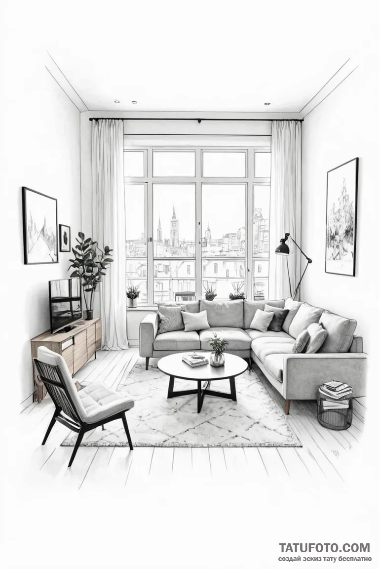 A minimalist, scandinavian-style living room... - эскиз тату (№1750952739_1, 26.06.2025 15:45) — Tatufoto.com