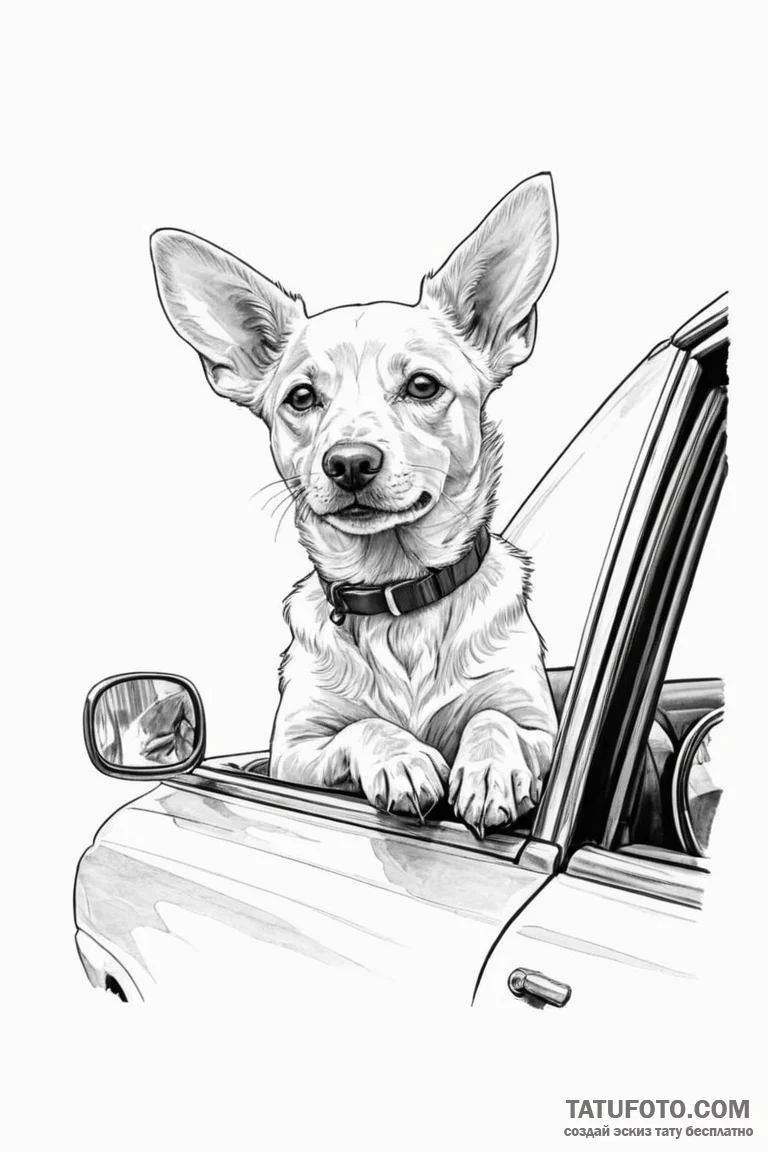 A dog with its head out of a car window, ears... - эскиз тату (№1750953652_1, 26.06.2025 16:00) — Tatufoto.com
