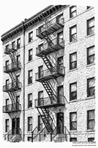 A fire escape on the side of a classic brick... - эскиз тату (№1750958100_0, 26.06.2025 17:15) — Tatufoto.com
