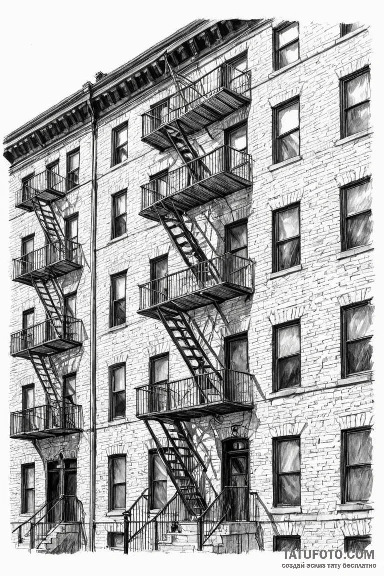 A fire escape on the side of a classic brick... - эскиз тату (№1750958100_0, 26.06.2025 17:15) — Tatufoto.com