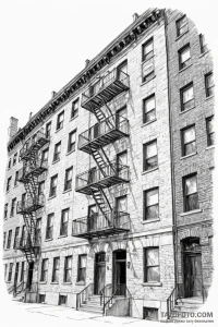A fire escape on the side of a classic brick... - эскиз тату (№1750958100_1, 26.06.2025 17:15) — Tatufoto.com
