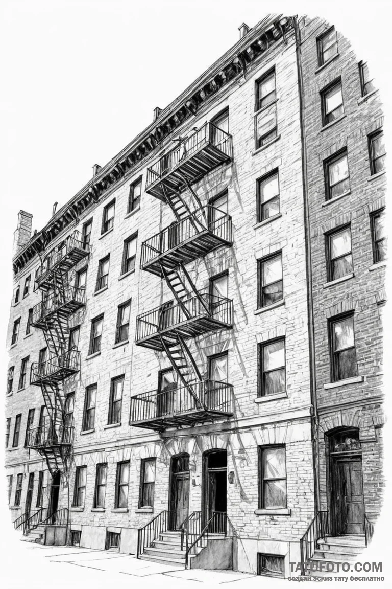 A fire escape on the side of a classic brick... - эскиз тату (№1750958100_1, 26.06.2025 17:15) — Tatufoto.com