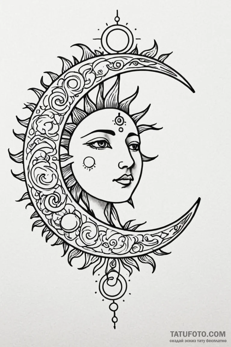 Tattoo sketch a stylized sun or moon with the... - эскиз тату (№1750958171_1, 26.06.2025 17:16) — Tatufoto.com