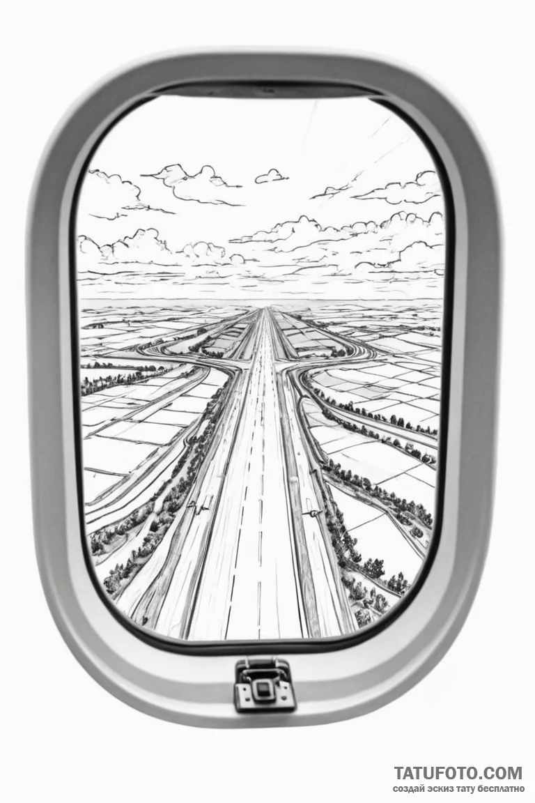 The view of a runway from an airplane's windo... - эскиз тату (№1750961398_0, 26.06.2025 18:09) — Tatufoto.com