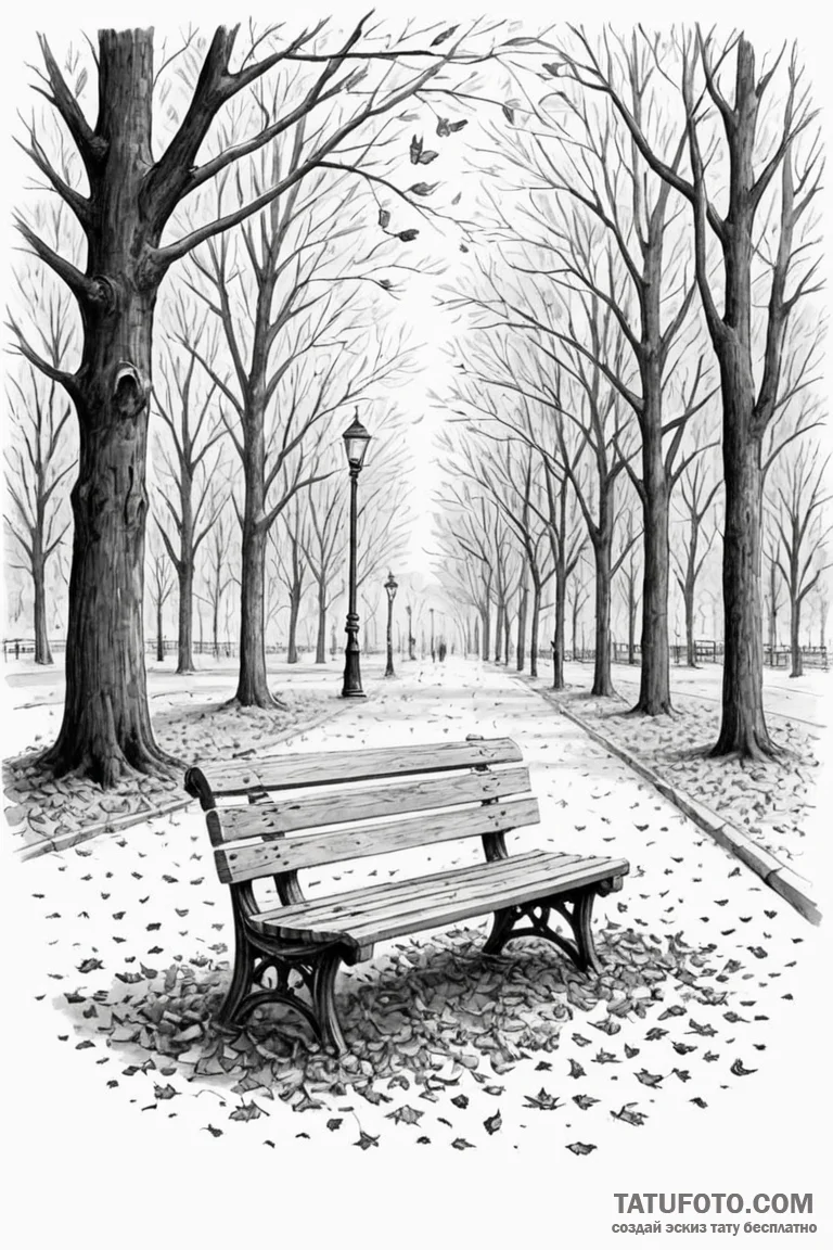 A lonely bench in a city park during autumn,... - эскиз тату (№1750961819_1, 26.06.2025 18:16) — Tatufoto.com