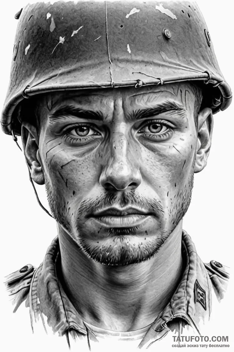 Tattoo sketch a soldier's face etched with ex... - эскиз тату (№1750962227_0, 26.06.2025 18:23) — Tatufoto.com