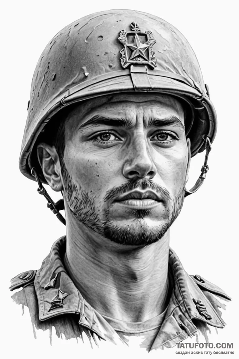 Tattoo sketch a soldier's face etched with ex... - эскиз тату (№1750962227_1, 26.06.2025 18:23) — Tatufoto.com