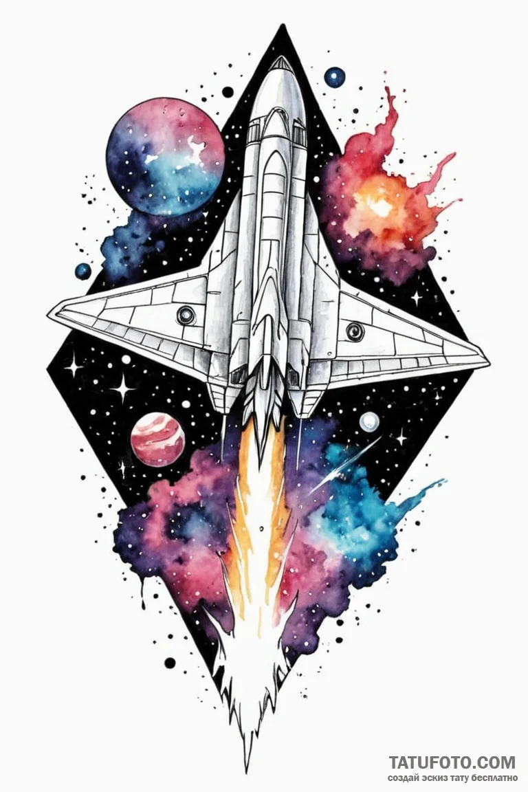 Tattoo sketch a stylized spaceship soaring th... - эскиз тату (№1750962906_0, 26.06.2025 18:35) — Tatufoto.com