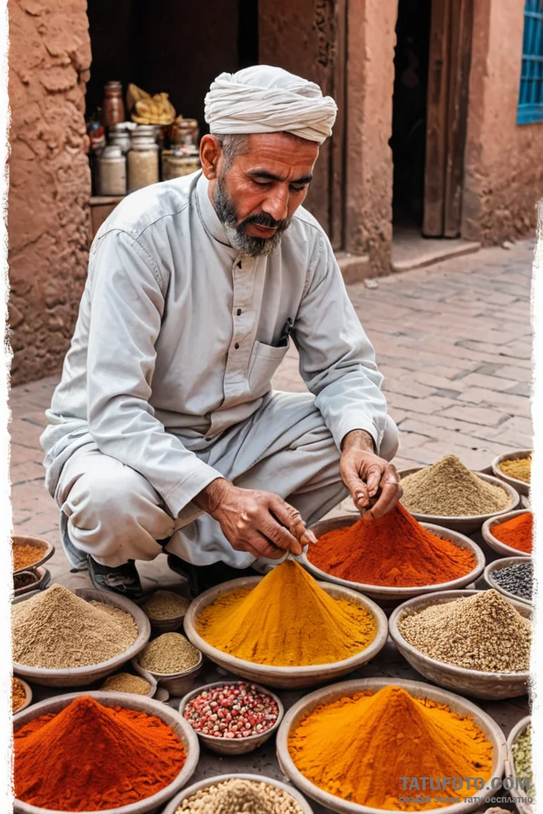 A photo of a street vendor in marrakech, arra... - эскиз тату (№1750966595_0, 26.06.2025 19:36) — Tatufoto.com