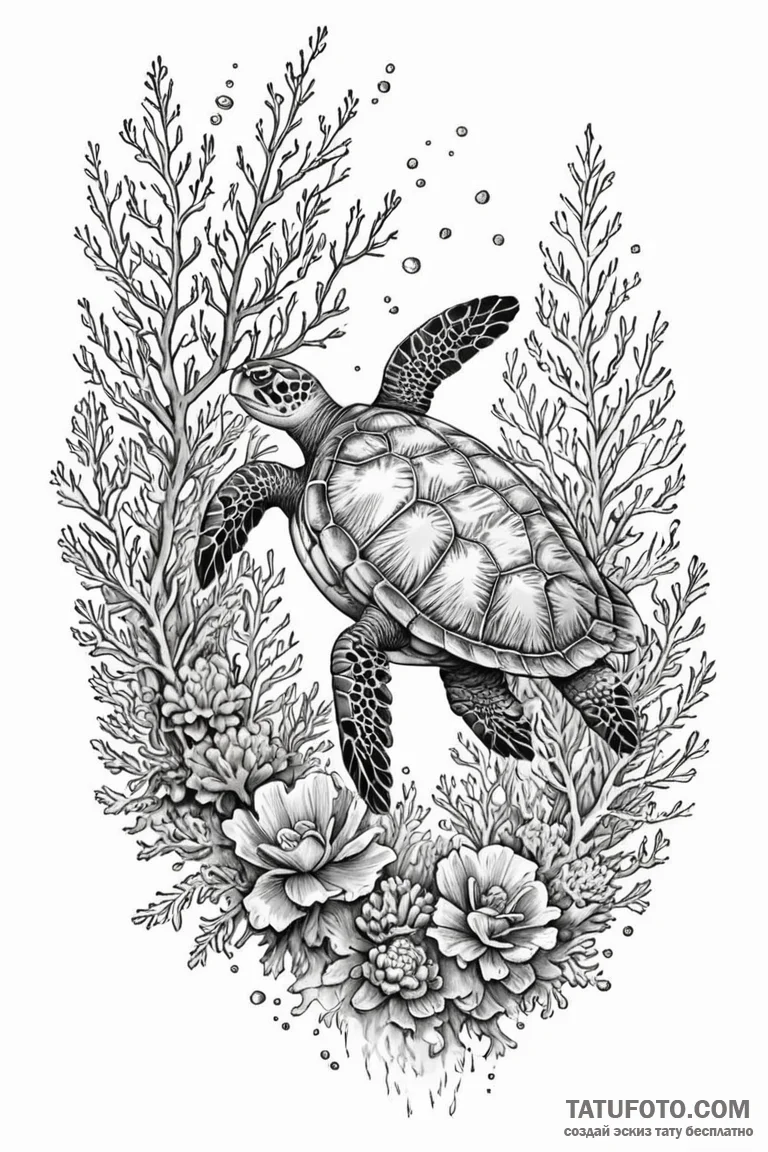 A sea turtle gracefully swimming over a vibra... - эскиз тату (№1750971212_0, 26.06.2025 20:53) — Tatufoto.com