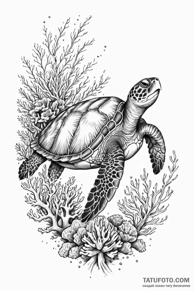 A sea turtle gracefully swimming over a vibra... - эскиз тату (№1750971212_1, 26.06.2025 20:53) — Tatufoto.com