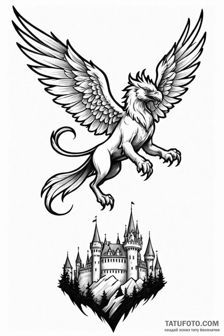 Tattoo sketch a stylized griffin flying over... - эскиз тату (№1750972064_0, 26.06.2025 21:07) — Tatufoto.com