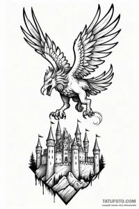 Tattoo sketch a stylized griffin flying over... - эскиз тату (№1750972064_1, 26.06.2025 21:07) — Tatufoto.com