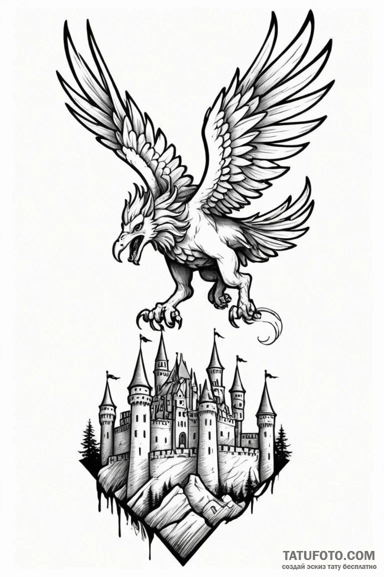 Tattoo sketch a stylized griffin flying over... - эскиз тату (№1750972064_1, 26.06.2025 21:07) — Tatufoto.com