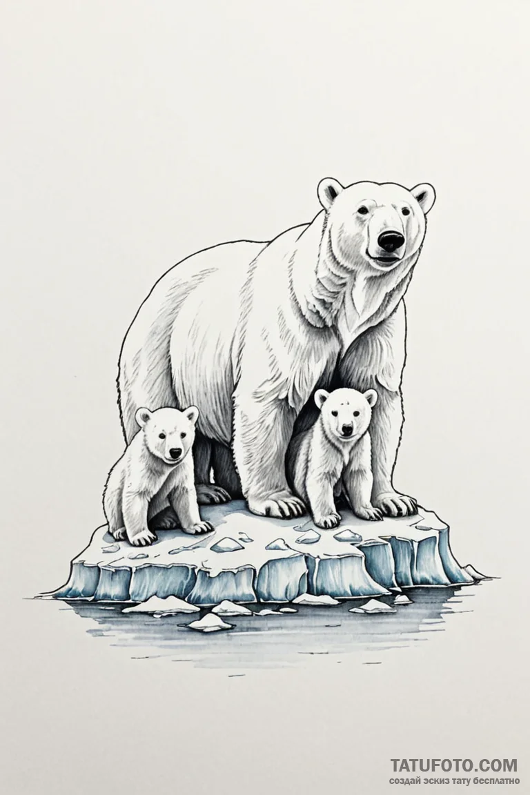 A polar bear and her cubs on a small ice floe... - эскиз тату (№1750972203_0, 26.06.2025 21:10) — Tatufoto.com