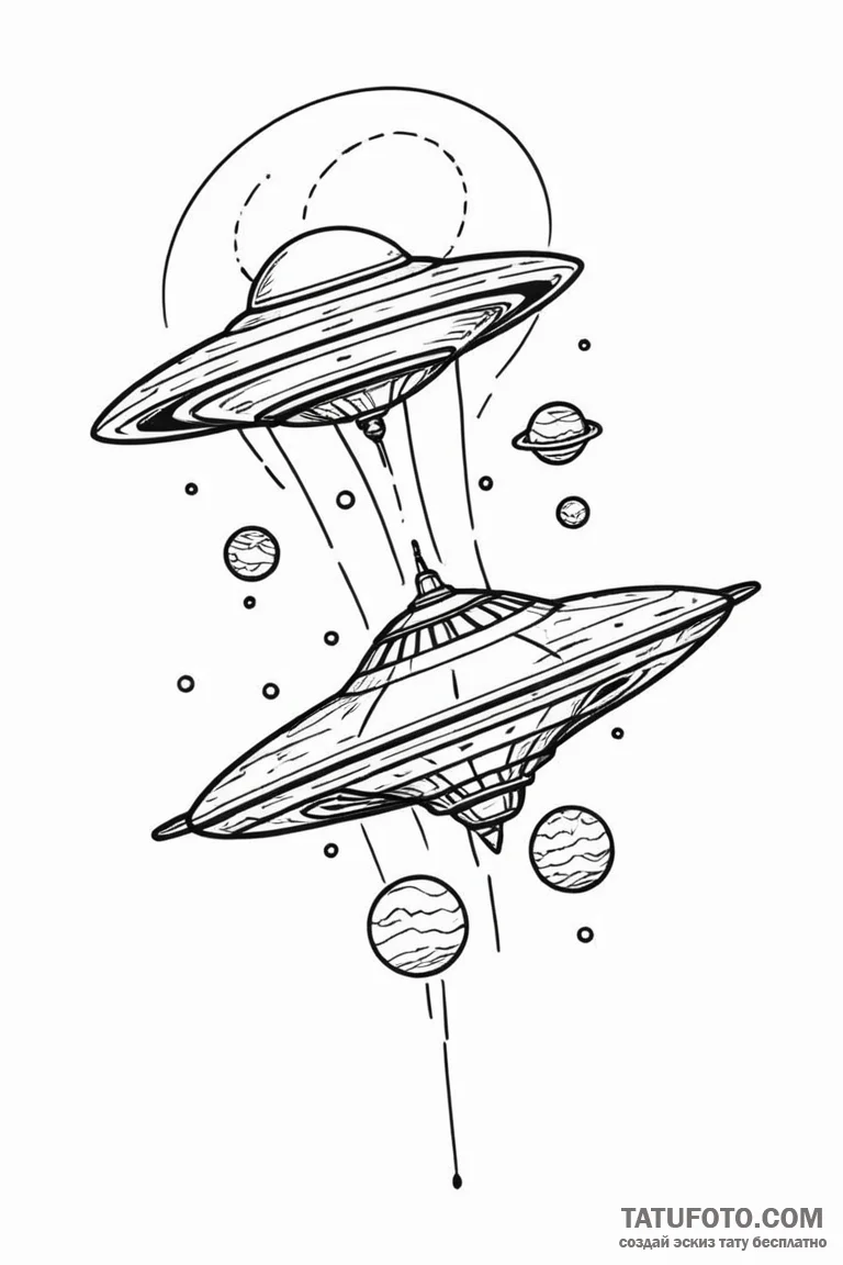Tattoo sketch a stylized spaceship hovering o... - эскиз тату (№1750974310_0, 26.06.2025 21:45) — Tatufoto.com