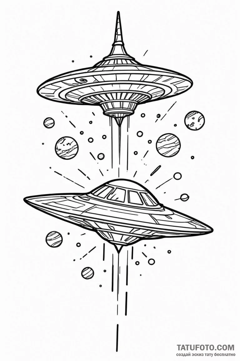 Tattoo sketch a stylized spaceship hovering o... - эскиз тату (№1750974310_1, 26.06.2025 21:45) — Tatufoto.com