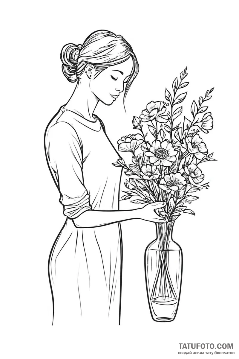 A person arranging flowers in a vase. - эскиз тату (№1750989282_0, 27.06.2025 01:54) — Tatufoto.com