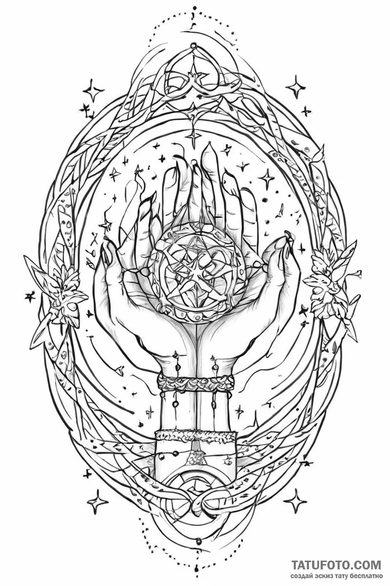 Tattoo sketch: a stylized woman's hands weavi... - эскиз тату (№1750989435_0, 27.06.2025 01:57) — Tatufoto.com