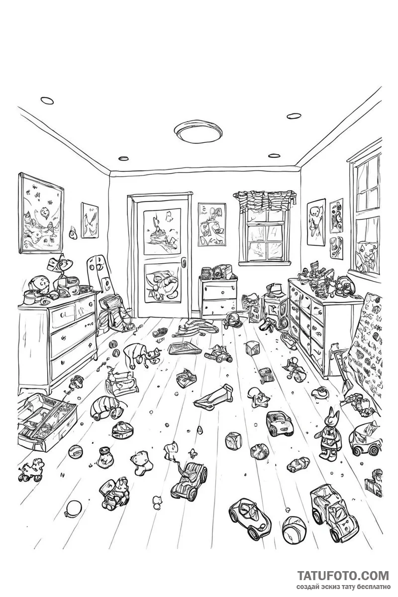 A child's messy playroom, with toys scattered... - эскиз тату (№1750992314_0, 27.06.2025 02:45) — Tatufoto.com