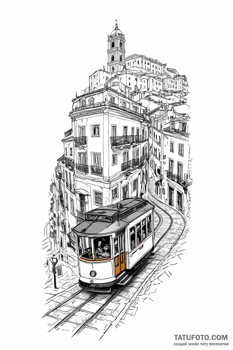 A vintage tram climbing a steep hill in lisbo... - эскиз тату (№1750993911_0, 27.06.2025 03:11) — Tatufoto.com
