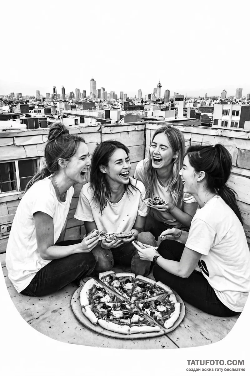 A candid shot of friends sharing a pizza and... - эскиз тату (№1750994153_0, 27.06.2025 03:15) — Tatufoto.com