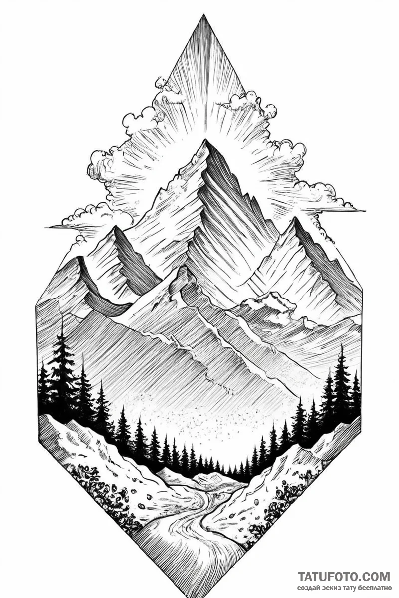 A majestic, snow-capped mountain peak breakin... - эскиз тату (№1750994235_0, 27.06.2025 03:17) — Tatufoto.com