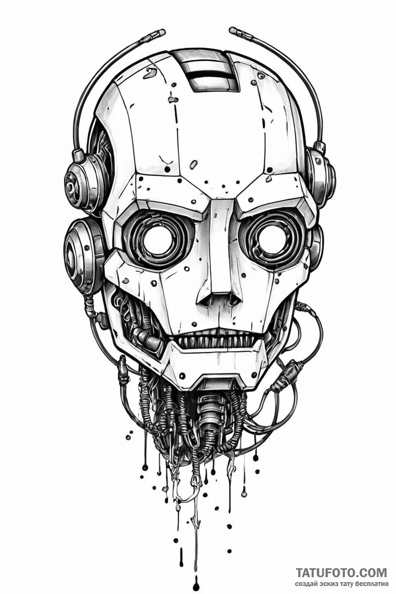 Tattoo sketch a broken robot head with wires... - эскиз тату (№1750995570_0, 27.06.2025 03:39) — Tatufoto.com