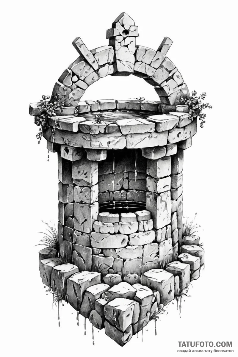Tattoo design a sturdy, ancient stone well. - эскиз тату (№1750996613_0, 27.06.2025 03:56) — Tatufoto.com