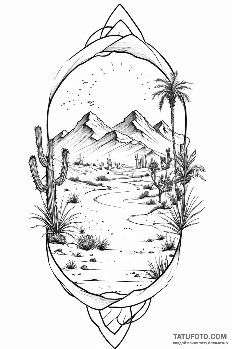 Tattoo sketch a stylized desert landscape wit... - эскиз тату (№1751000203_0, 27.06.2025 04:56) — Tatufoto.com