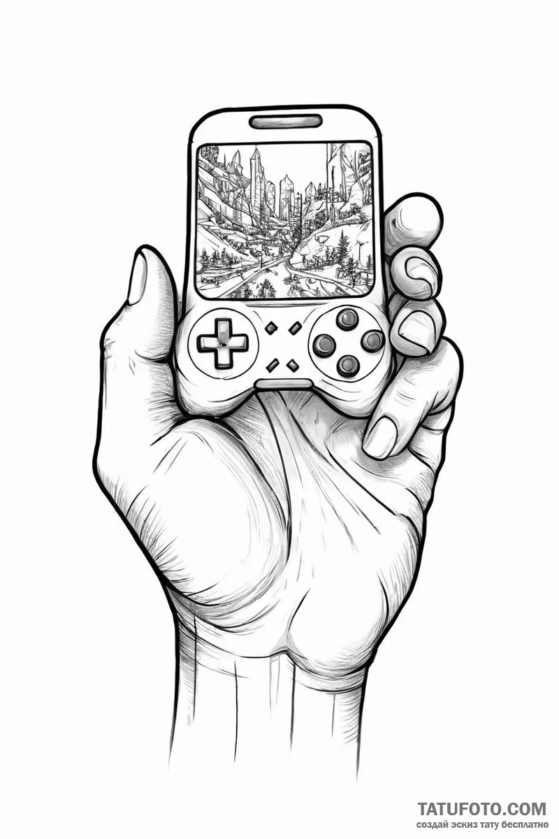 Tattoo sketch a gamer's hand blending into th... - эскиз тату (№1751001101_0, 27.06.2025 05:11) — Tatufoto.com