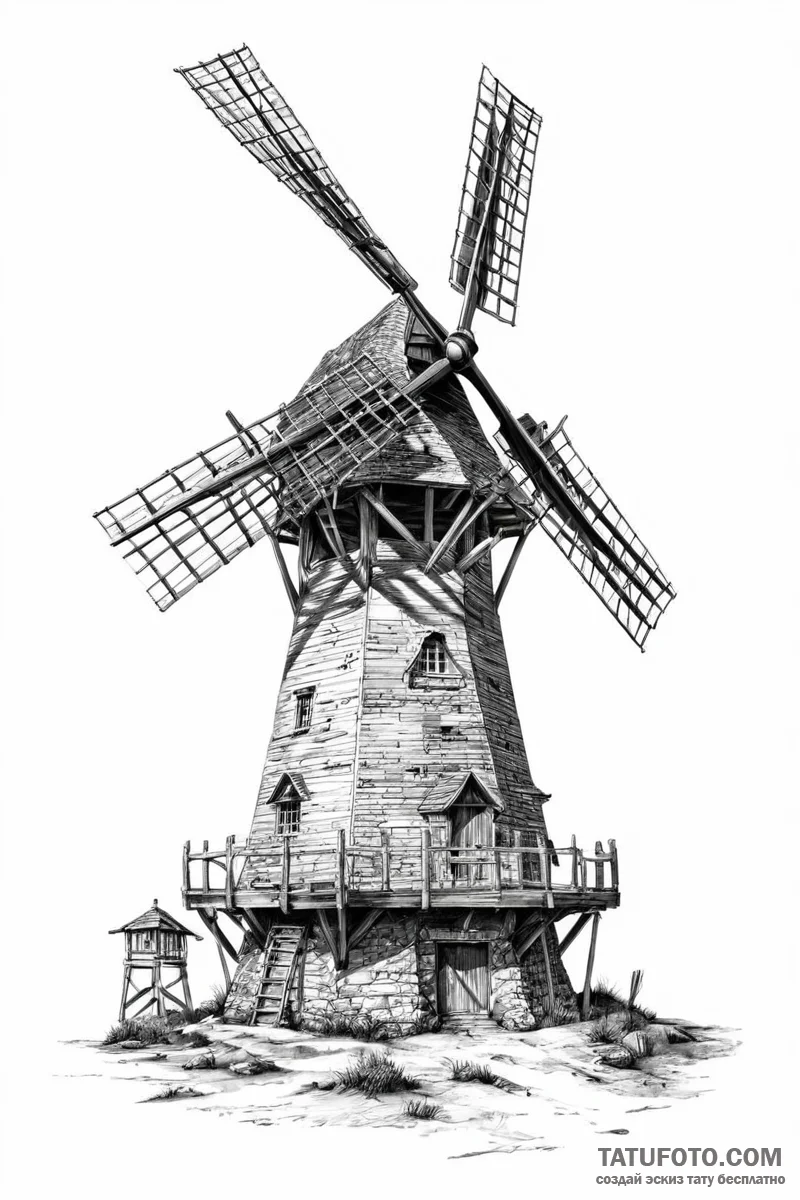 The interior of a working, historic windmill. - эскиз тату (№1751002298_0, 27.06.2025 05:31) — Tatufoto.com