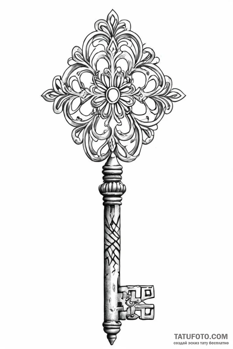 Tattoo sketch a single, ancient key with intr... - эскиз тату (№1751002377_0, 27.06.2025 05:32) — Tatufoto.com