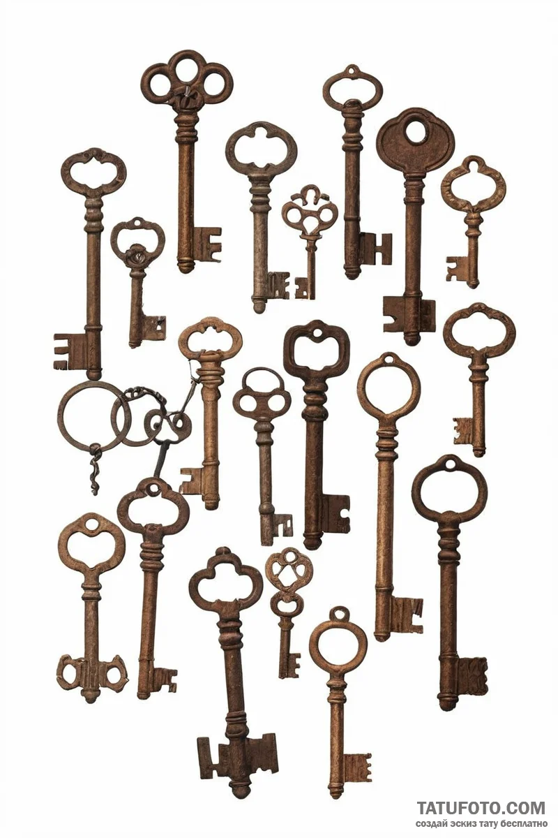 A collection of old, rusty keys. - эскиз тату (№1751002996_0, 27.06.2025 05:43) — Tatufoto.com
