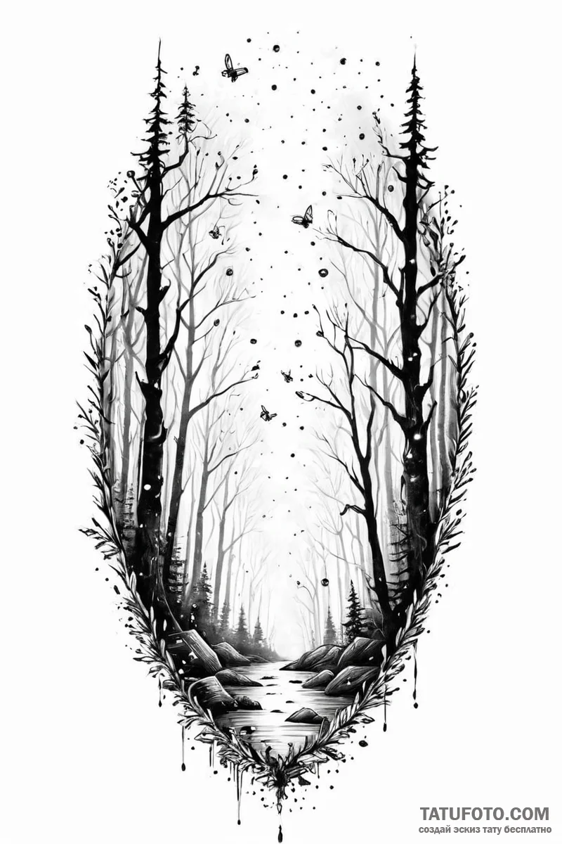 Tattoo sketch an ethereal forest scene with g... - эскиз тату (№1751005141_0, 27.06.2025 06:19) — Tatufoto.com
