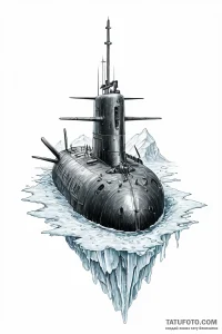 A submarine surfacing in the arctic, breaking... - эскиз тату (№1751005456_0, 27.06.2025 06:24) — Tatufoto.com