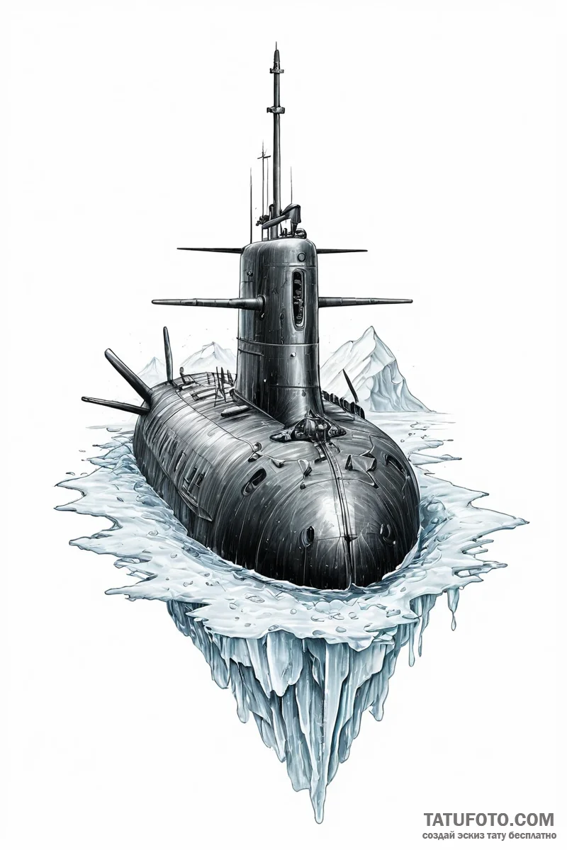 A submarine surfacing in the arctic, breaking... - эскиз тату (№1751005456_0, 27.06.2025 06:24) — Tatufoto.com