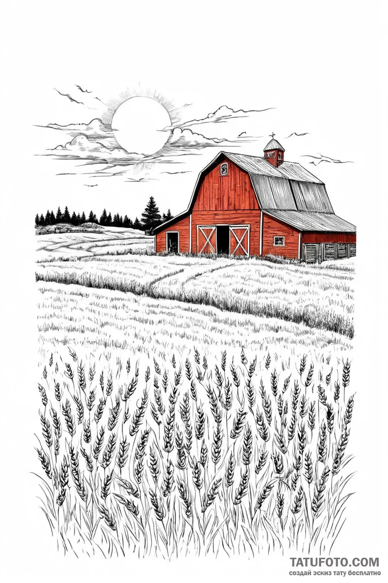 A classic red barn in a field of golden wheat... - эскиз тату (№1751005690_0, 27.06.2025 06:28) — Tatufoto.com