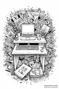 The cluttered desk of a comic book artist. - эскиз тату (№1751009255_0, 27.06.2025 07:27) — Tatufoto.com