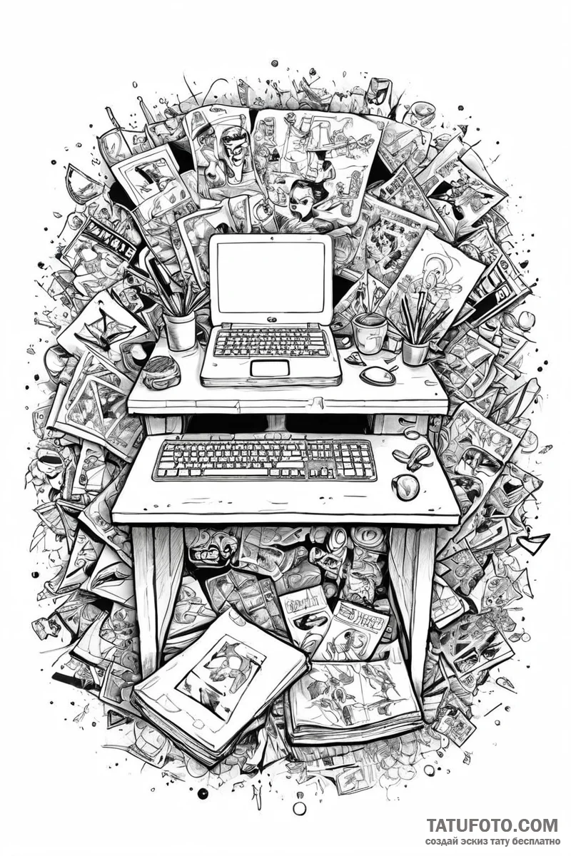 The cluttered desk of a comic book artist. - эскиз тату (№1751009255_0, 27.06.2025 07:27) — Tatufoto.com