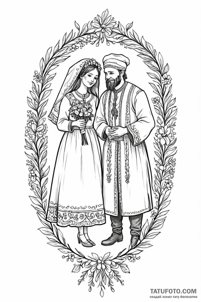 Tattoo sketch: a scene of a joyous slavic wed... - эскиз тату (№1751014169_0, 27.06.2025 08:49) — Tatufoto.com